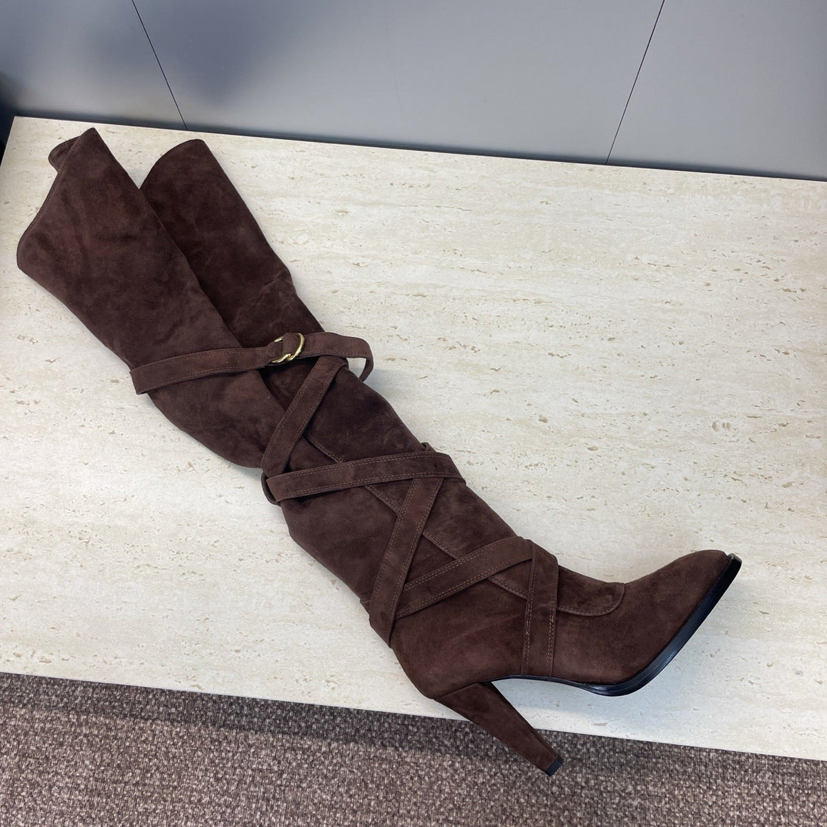 YSL 2025  Chunky Heel Pointed Toe Over-the-Knee Rider Boot Brown Suede 574019