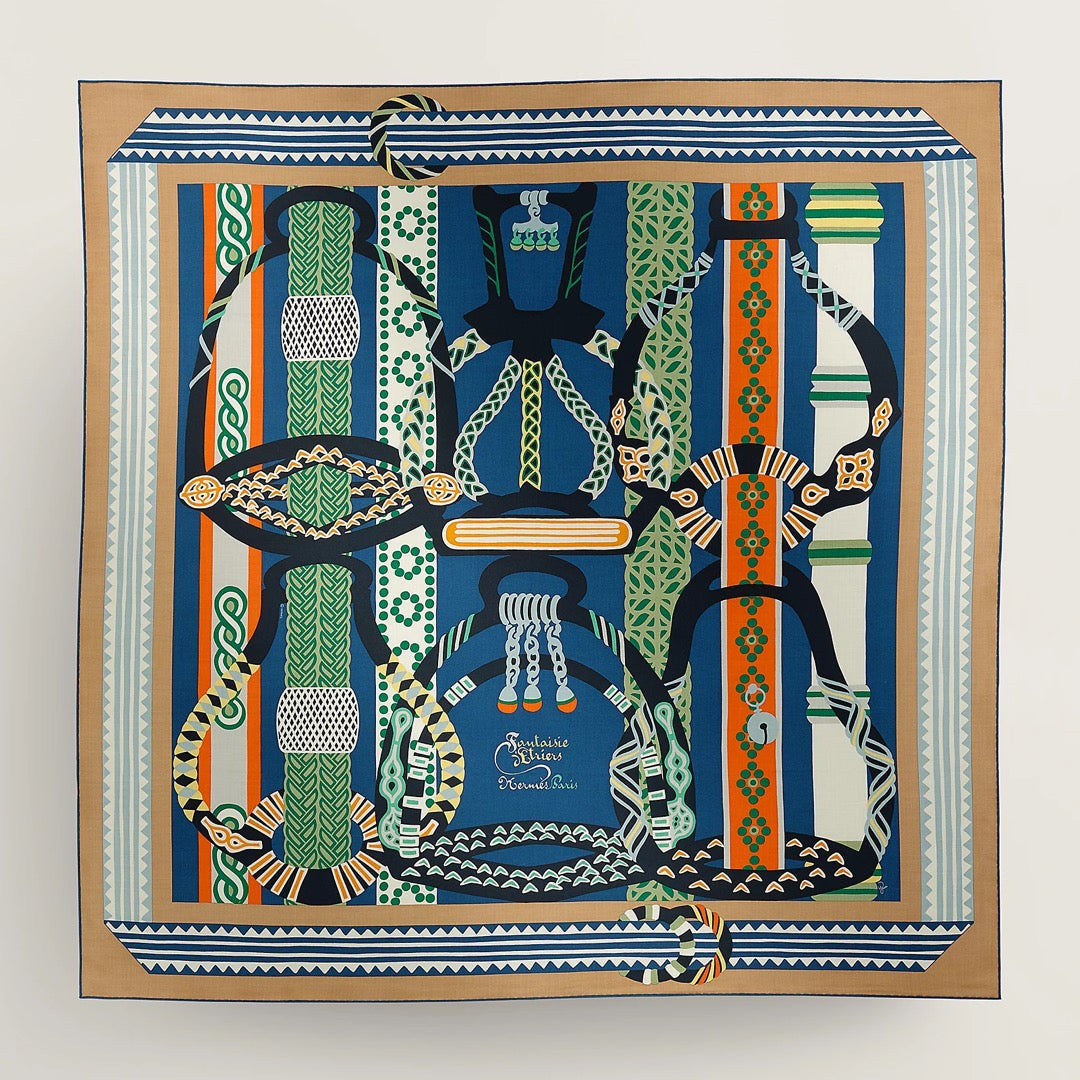Fantaisie d'Etriers Scarf  140 CM Green Mix Blue Colorful Silk