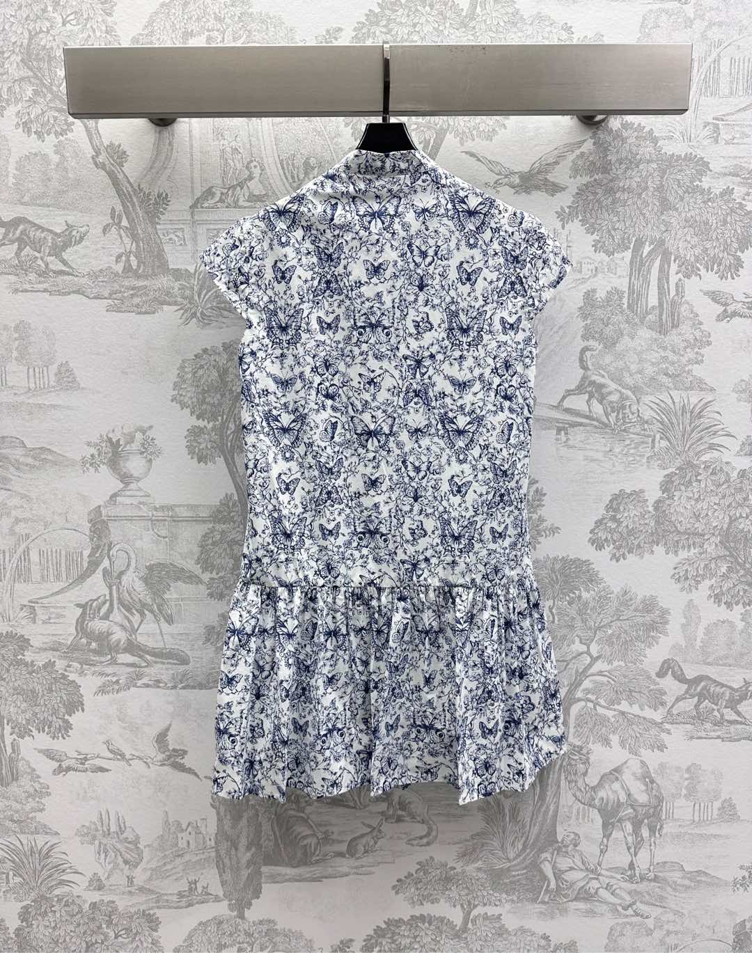 CD Short Dress White Cotton Muslin with Blue Butterfly Motif