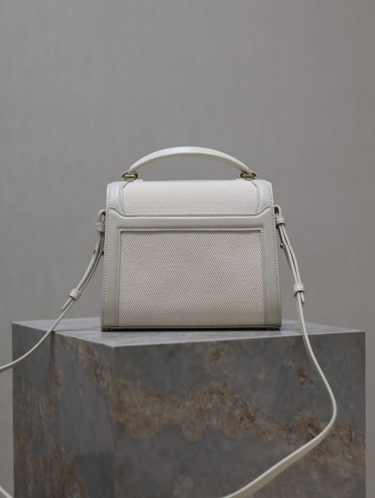 CASSANDRA MINI TOP HANDLE BAG 20 IN WHITE CANVAS AND LEATHER TRIM