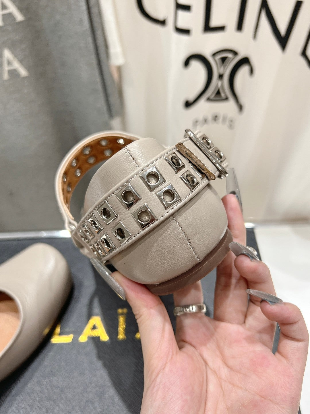 Alaila Biker Ballet Flats In Light Grey Cowhide 911442
