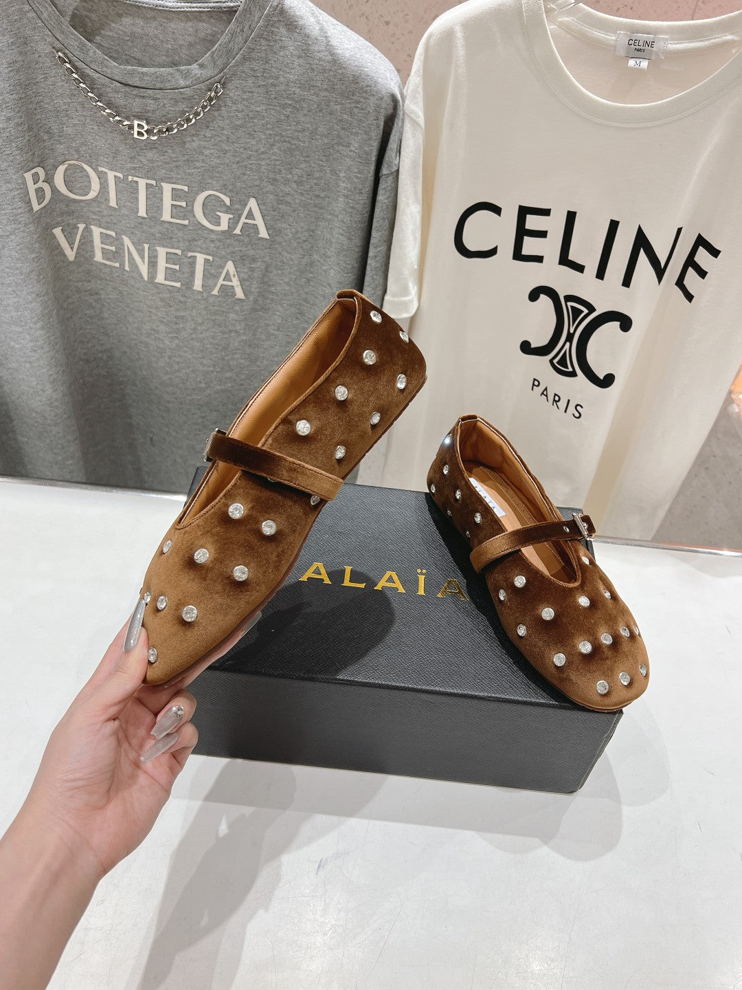 Alaila Ballet Flats In Moss Brown Velvet With Rhinestones 971998