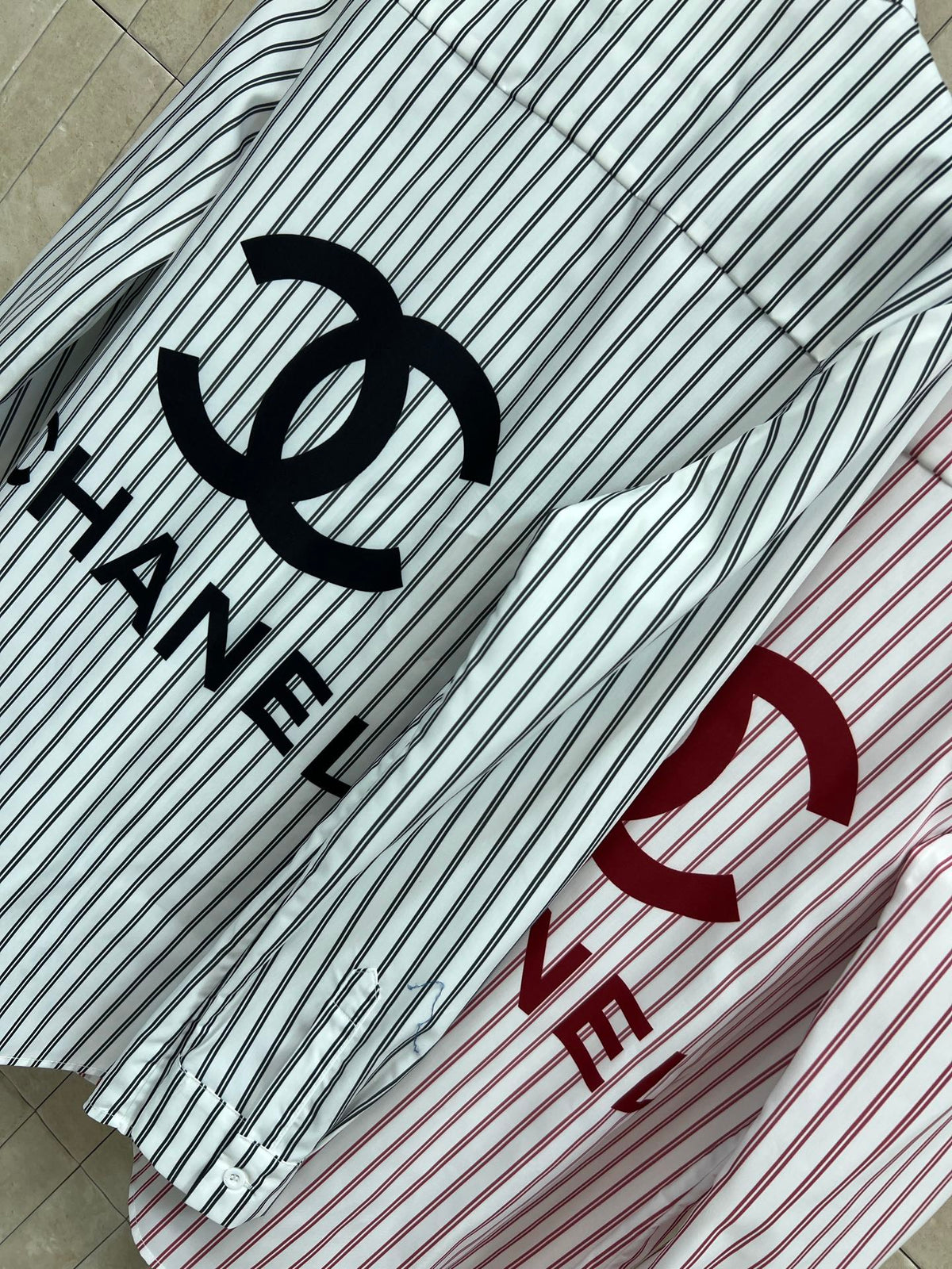 Chanel 2026 Logo Embroidered Striped Shirt Pink and Black Cotton 355062