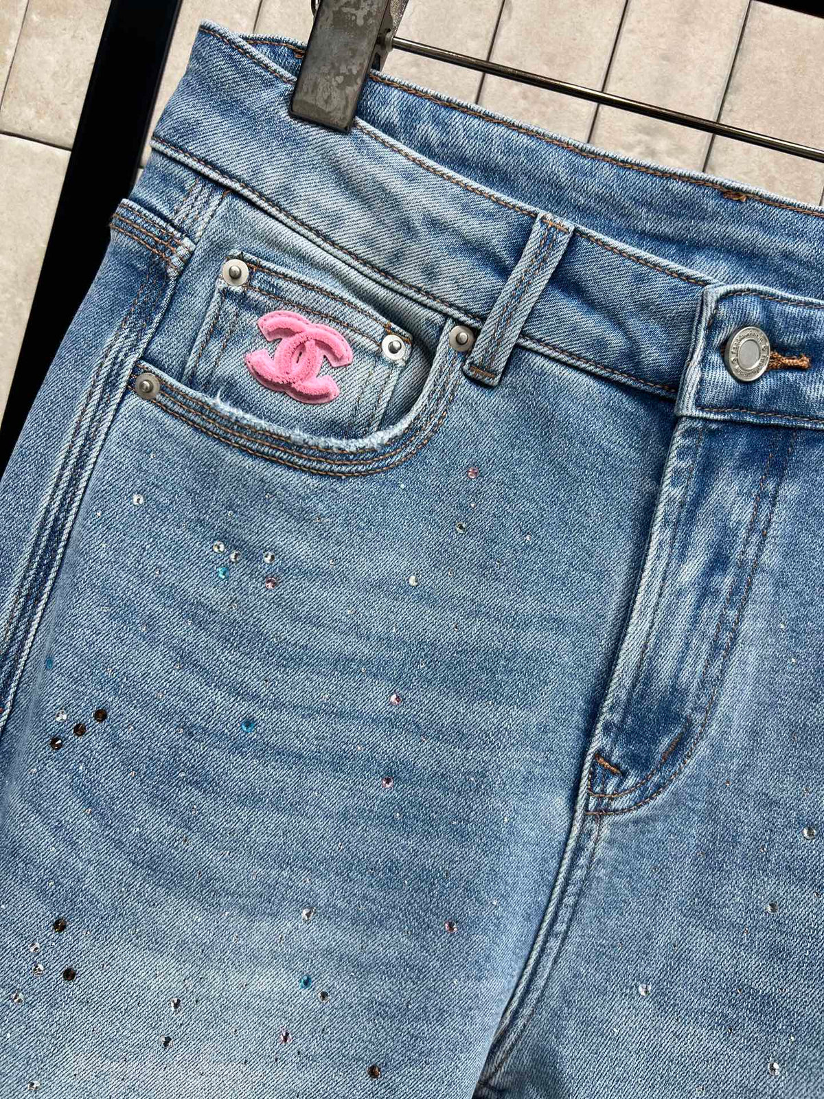 Chanel 2026 Embroidered Logo Rhinestone Wide-leg Jean Light Blue Cotton 356994