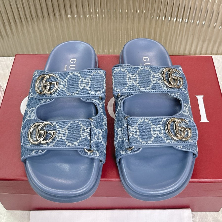 Gucci 2026 Double G Sandal Blue Denim Leather