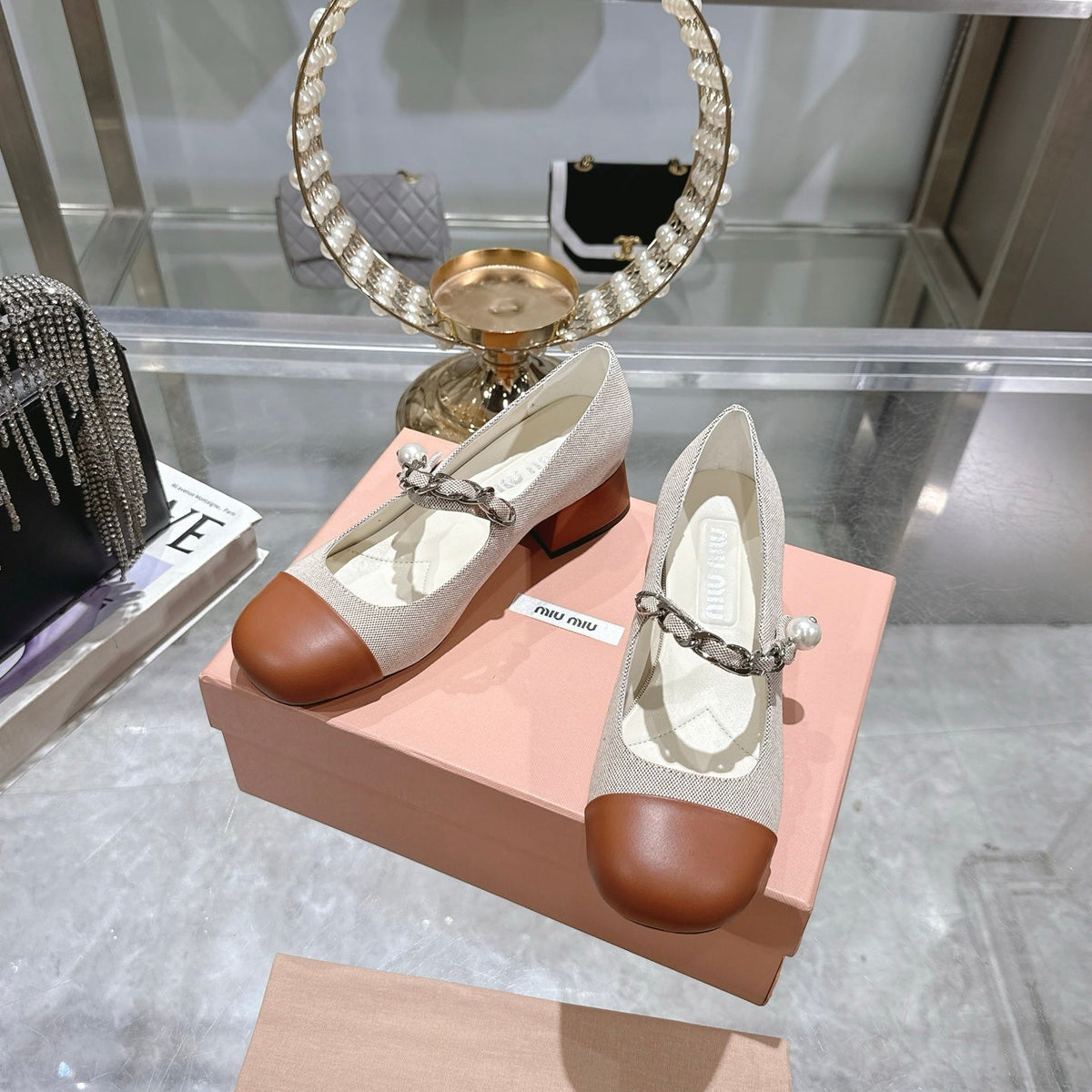 Miu 25C Mary Jane 45MM Beige Cream Mix Brown Fabric 235365