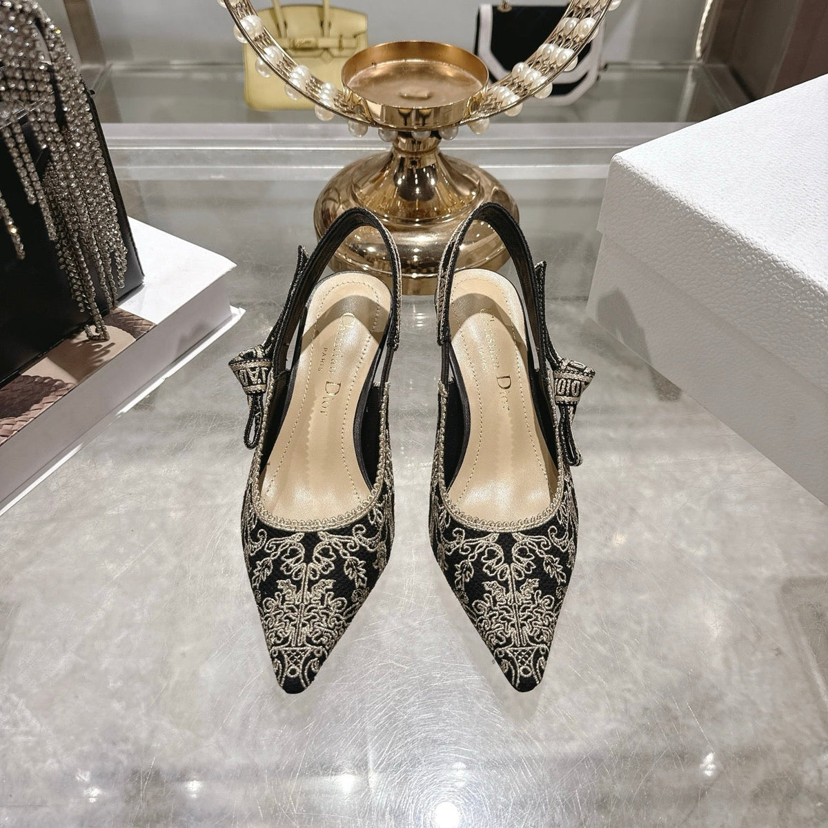 CD 26 Slingback Metallic Floral Embroidery 45mm Black Gold Tweed 592235