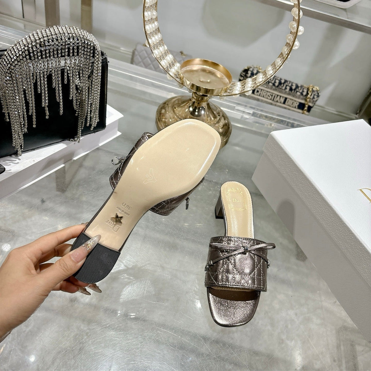 CD 26s Slippers Metallic Brown Beige Calfskin 679866