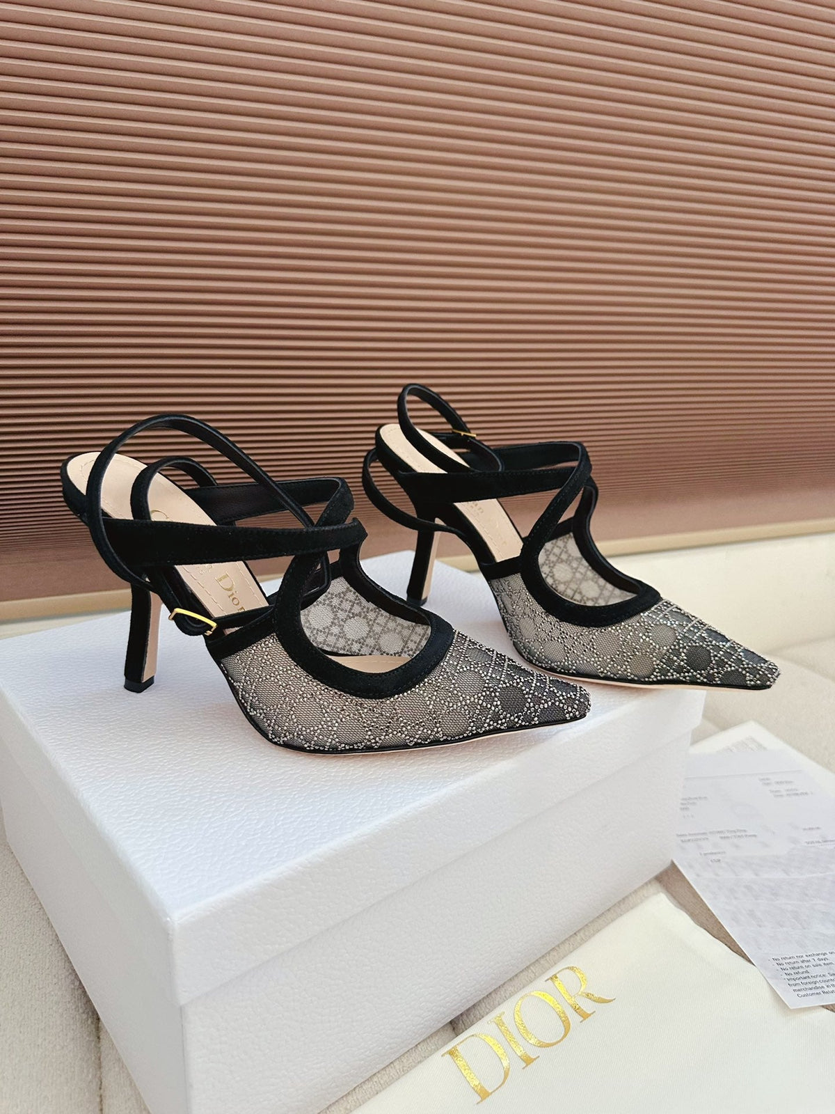 CD 26 High Heel 95 Black Beige Mesh Fabric Sheepskin 614894