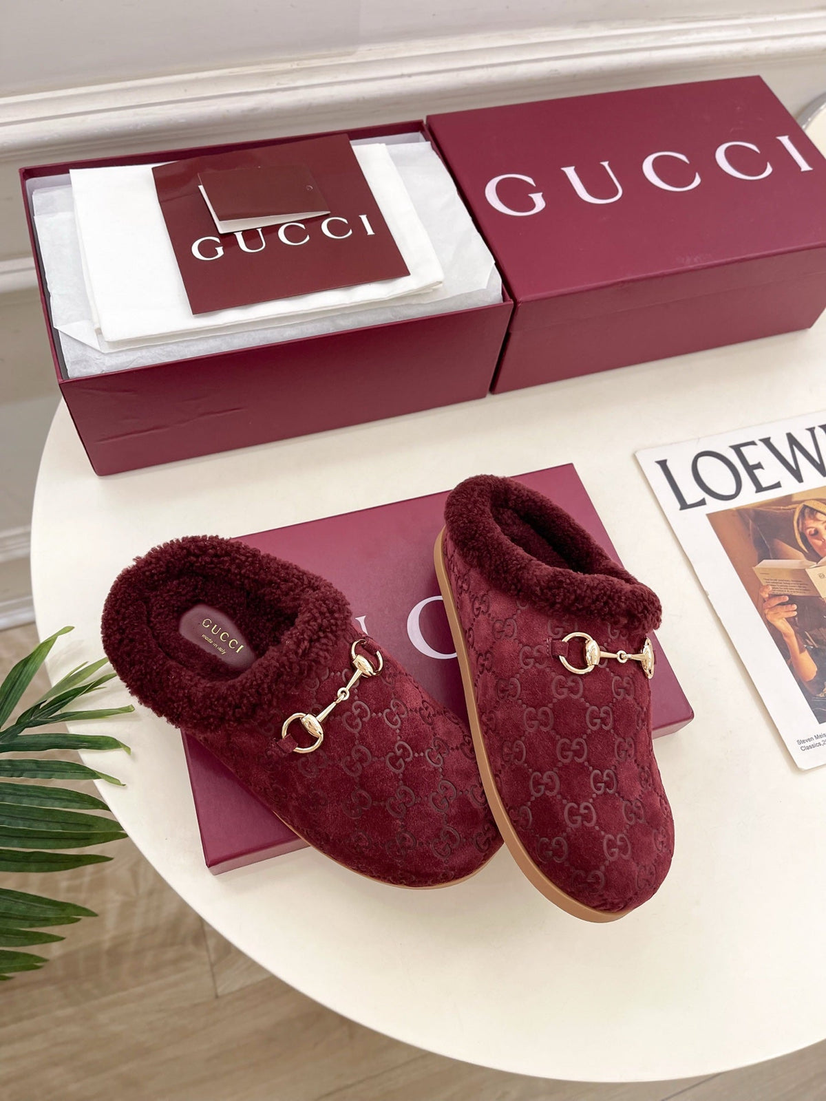 GG Horsebit Embossed Mule Red Suede And Wool 536051