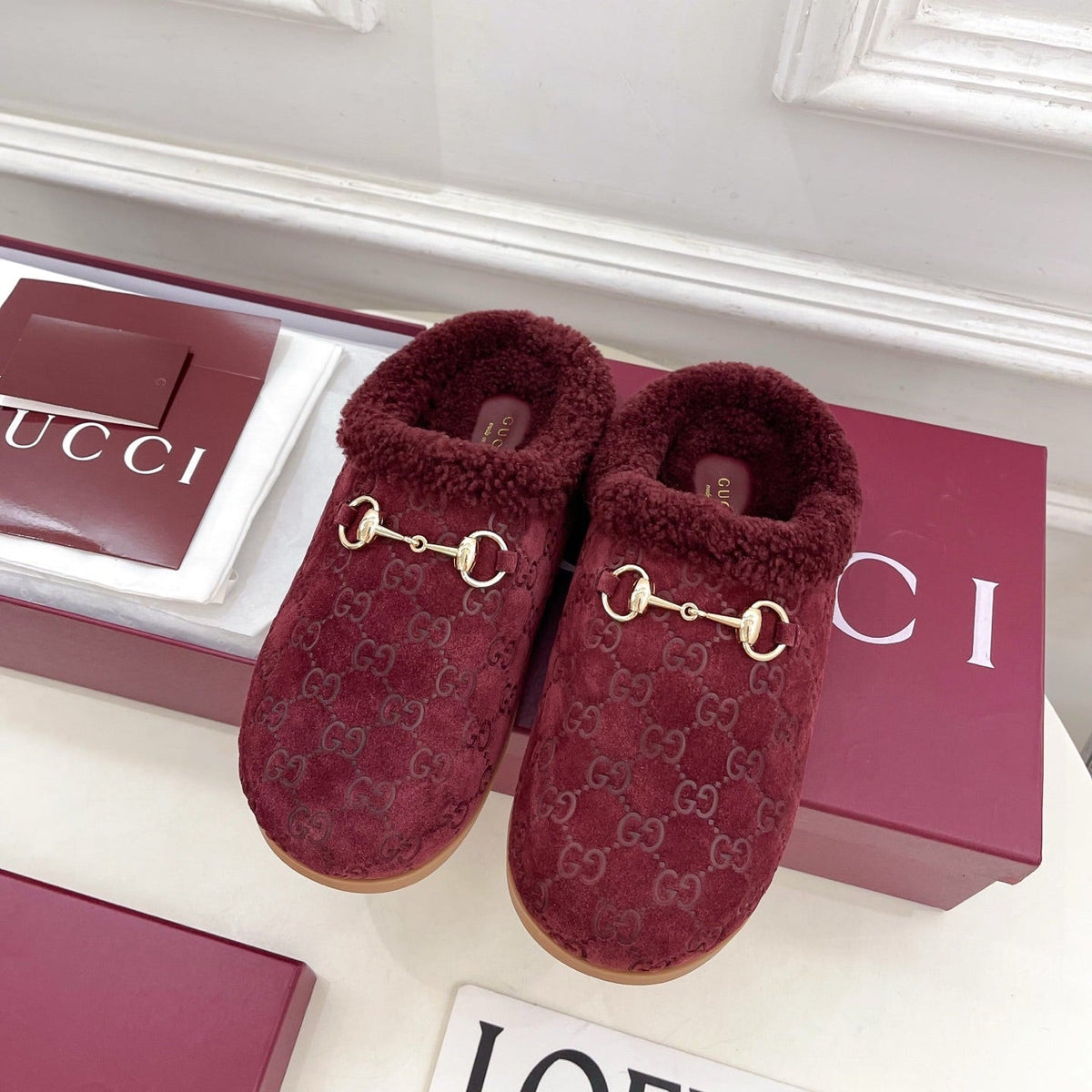 GG Horsebit Embossed Mule Red Suede And Wool 536051