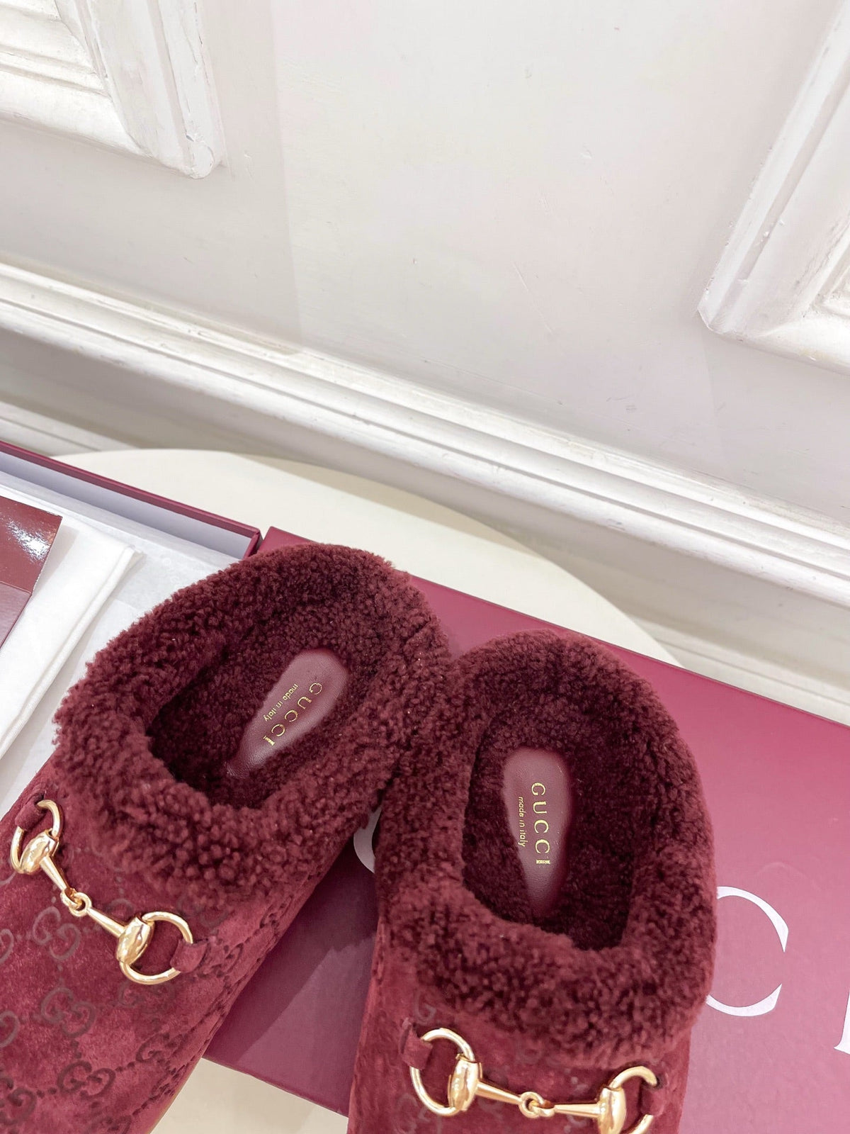 GG Horsebit Embossed Mule Red Suede And Wool 536051