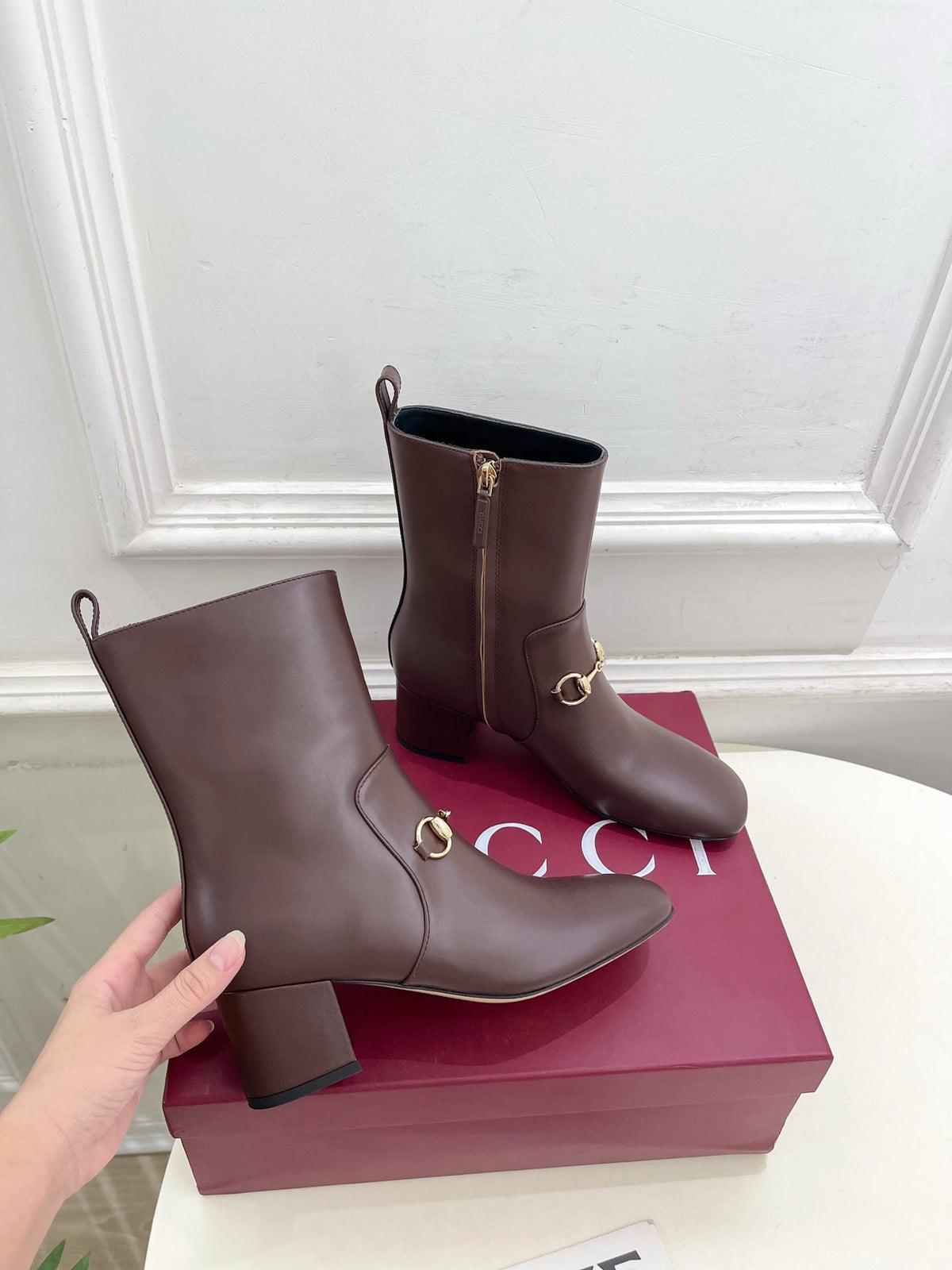 GG horsebit chunky heel ankle boots dark brown calfskin 536058