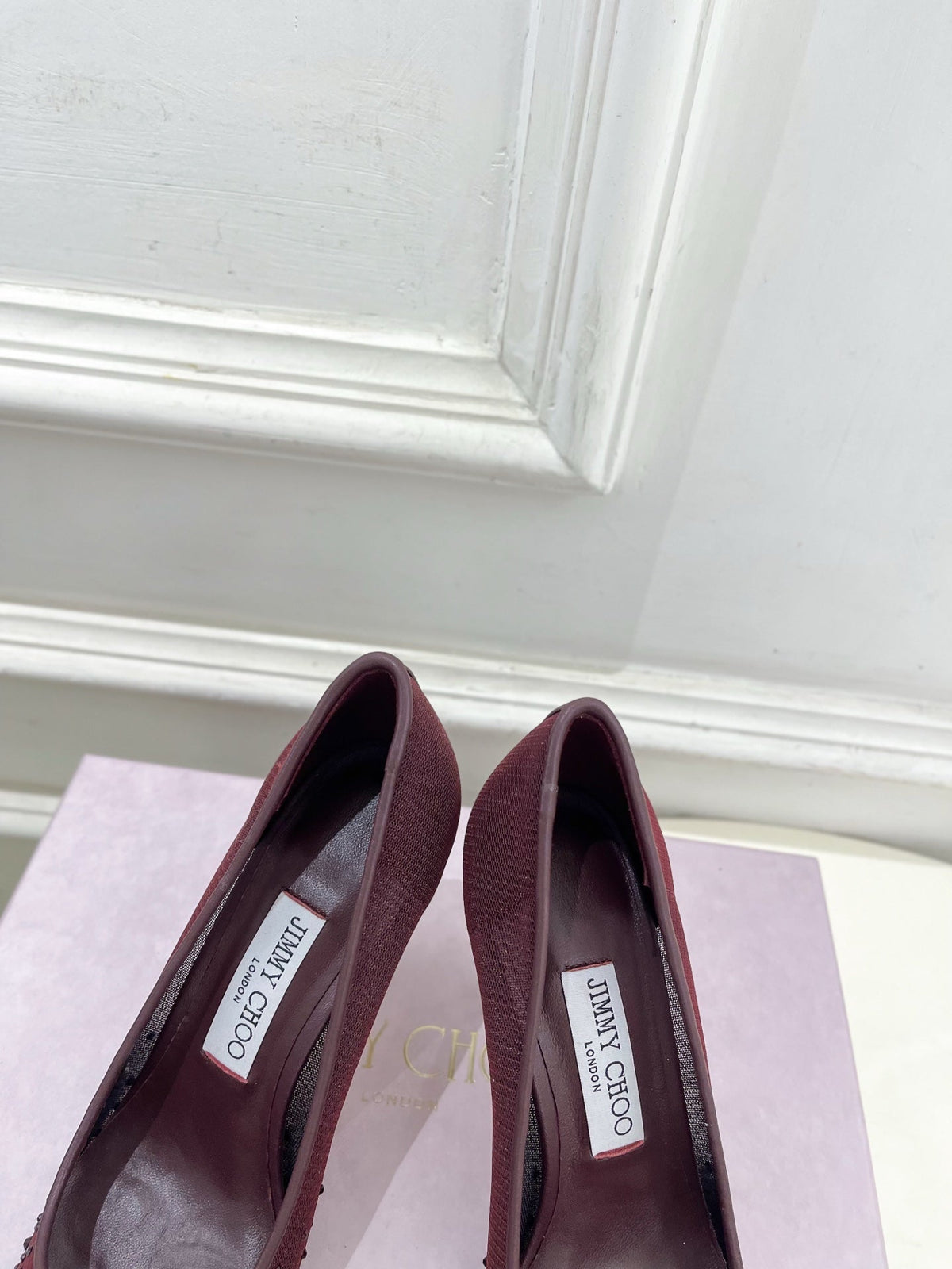 Jimmy Choo 2025 Love 100 Crystal-embellished Pumps Burgundy Mesh Leather 179048