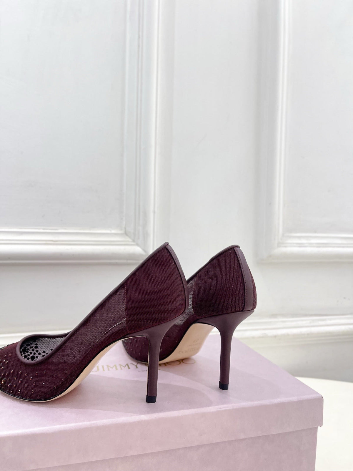 Jimmy Choo 2025 Love 100 Crystal-embellished Pumps Burgundy Mesh Leather 179048