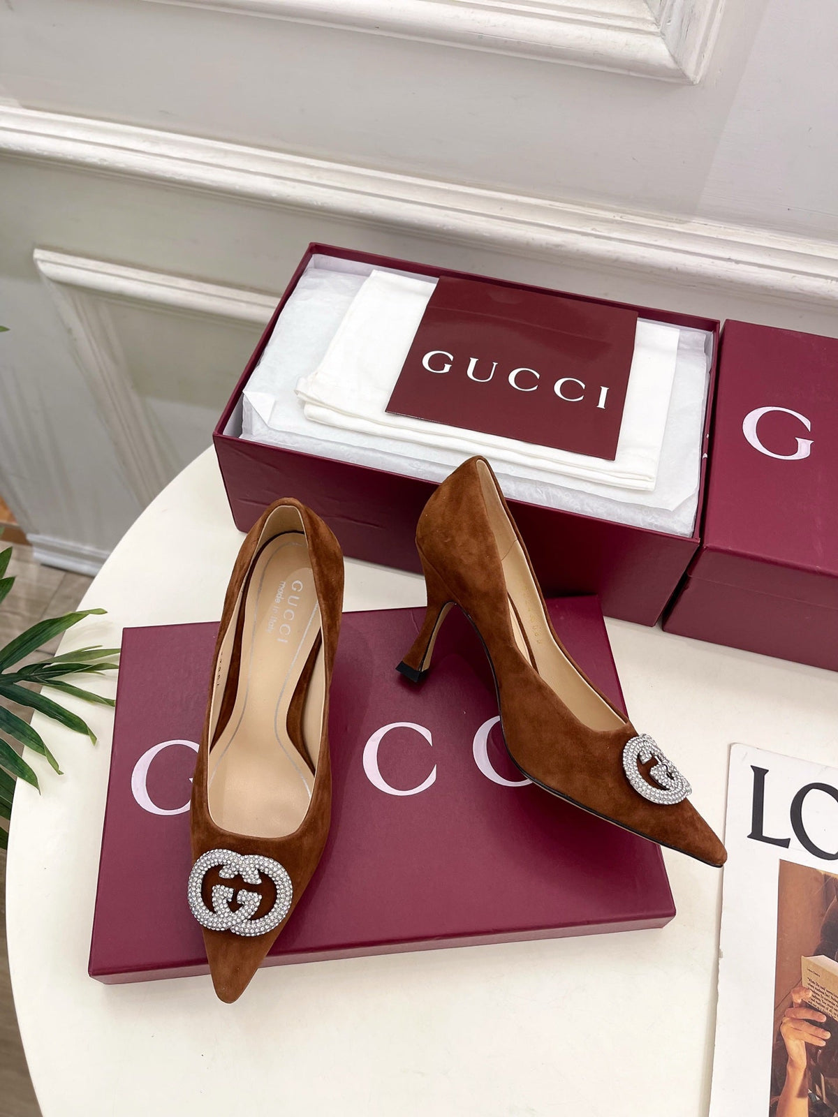 GG 26 High-Heeled 85 Pumps Camel Brown Suede 587076