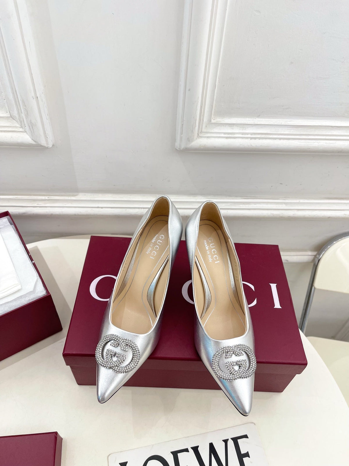 GG 26 High-Heeled 85 Pumps Sliver Metallic Cowhide 587079