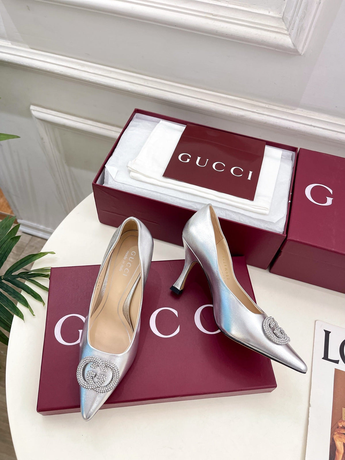 GG 26 High-Heeled 85 Pumps Sliver Metallic Cowhide 587079