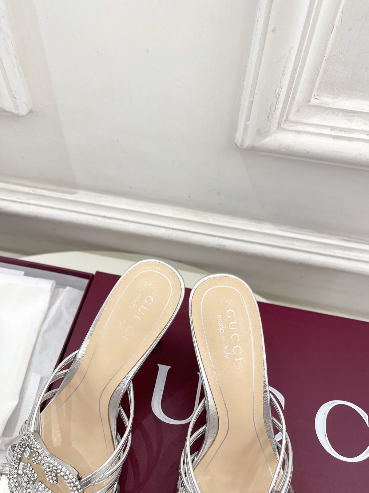 GG 26 High-Heeled Mules 85 Sliver Metallic Leather 587088