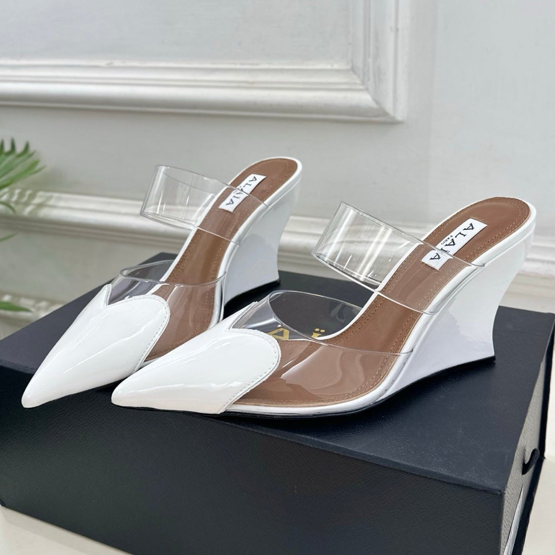 Alaia 2026 Le Coeur 90mm Wedge Mules White Patent Leather 640425