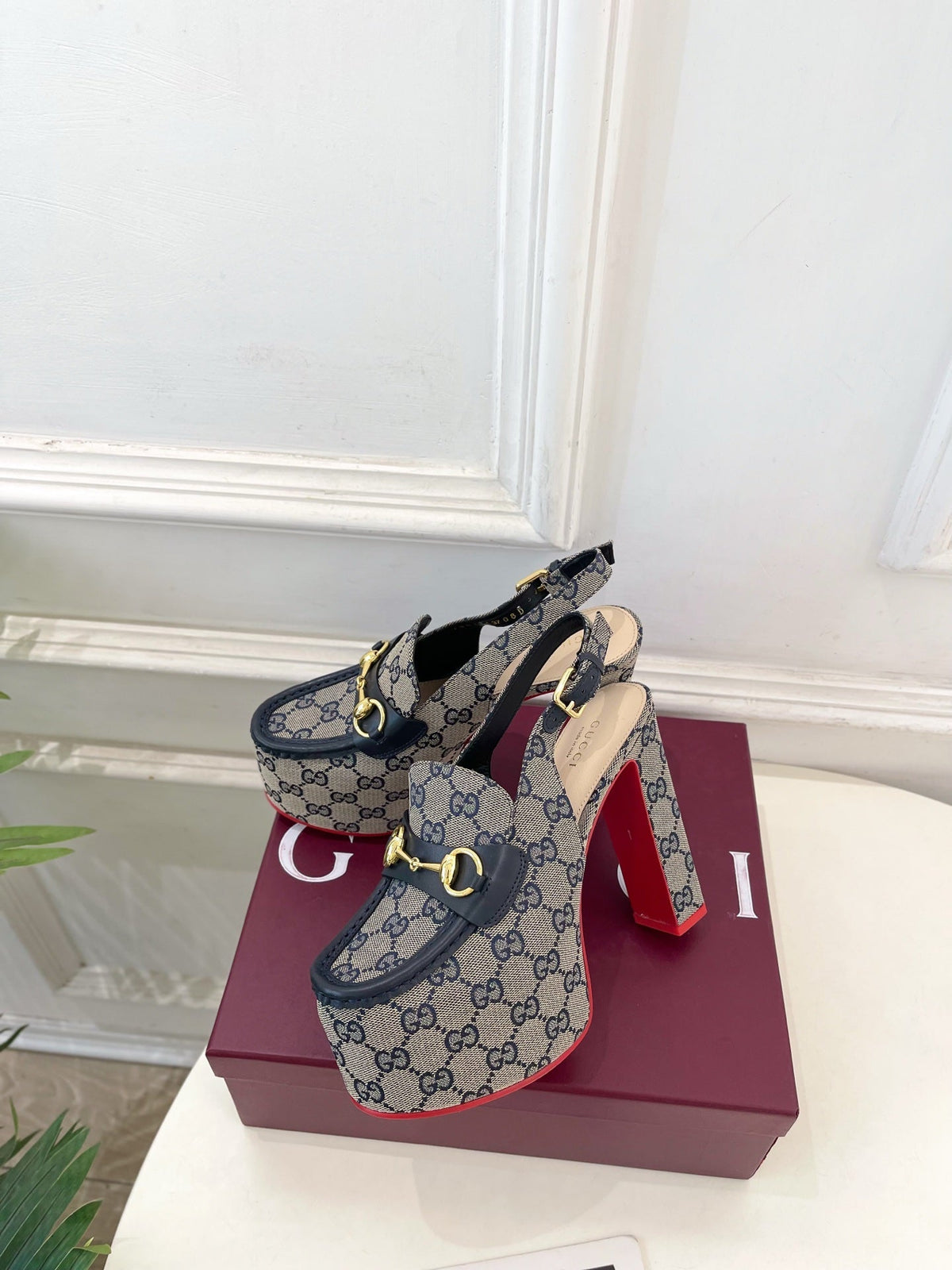 GG 26SS Platform Sandals 130 Gray Blue Monogram Fabric Sheepskin 640266